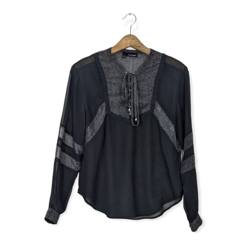 The Kooples Blouse XS Black Dot Semi Sheer Lace Up Romantic Chic